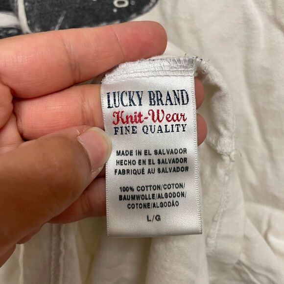 Lucky Brand Guitar Pick Amp Style White and Green Graphic Tee SZ L - Picture 4 of 5